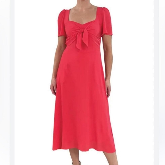 Julia Jordan Vibrant Red Crepe Midi Dress Tie Front Bodice Back Zip Lined Sz 6 - Picture 1 of 11